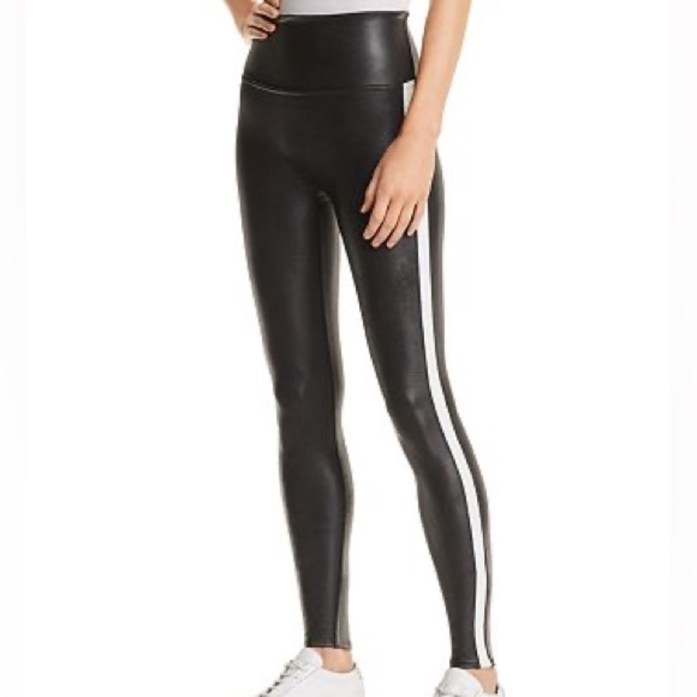 Spanx faux leather leggings with side stripe
